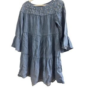 Chelsea & Theodore Denim Pearl Embellished Tiered Bell Sleeve Dress Size S